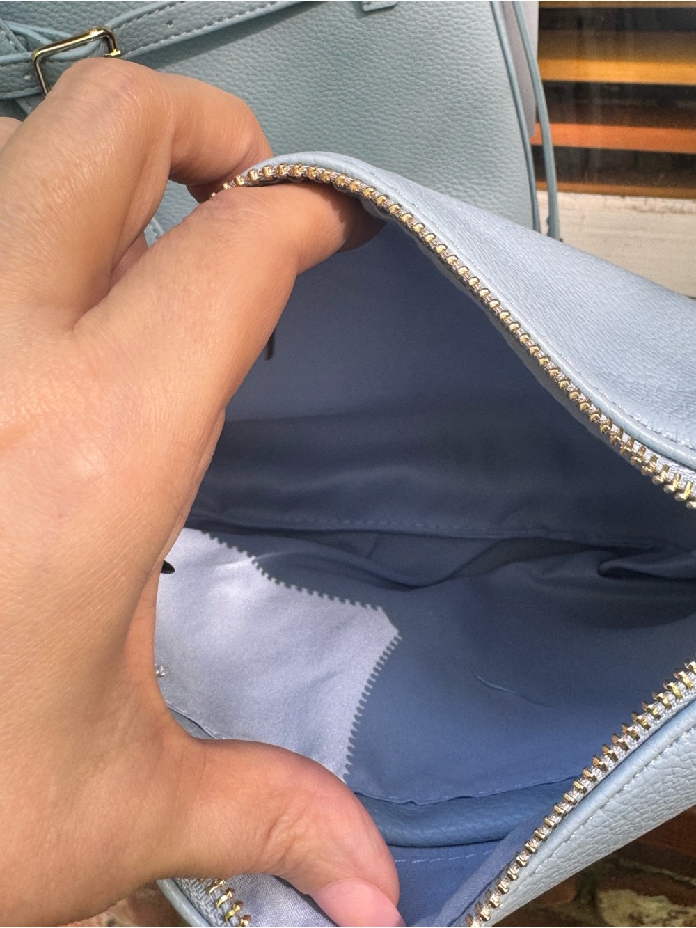 Ello Ice Blue Vegan Leather Bucket Shoulder Bag w/ Belt Detail & Pouch - Picture 6 of 17
